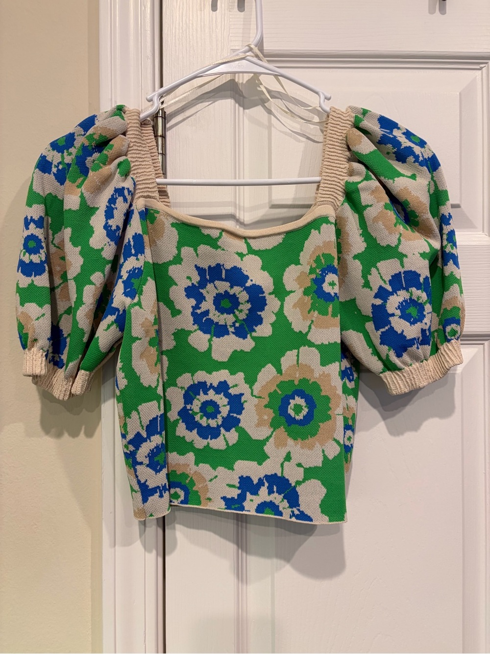 Flying Tomato Green Floral Puff-Sleeve Knit Top with Blue and Cream Accents